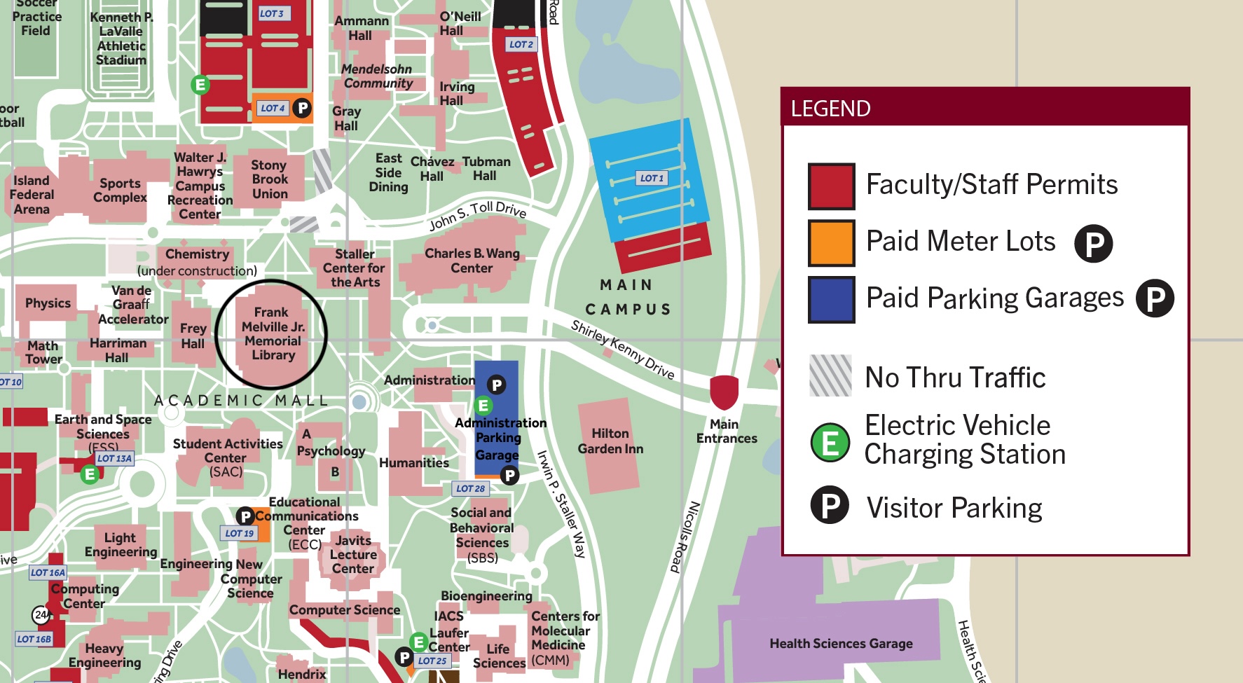 Map for Visitors screenshot of a map of SBU with a circle on Melville Library