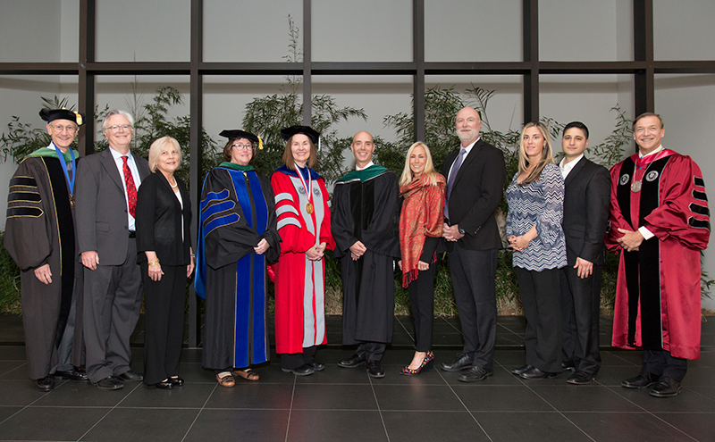 Esther Takeuchi PhD invested as the William and Jane Knapp Chair in Energy and the Environment (center in red; also pictured: Dr. Margaret McGovern as the Knapp Chair in Pediatrics; Dr. Christopher Muratore as the Knapp Swezey Chair in Pediatric Surgery.)