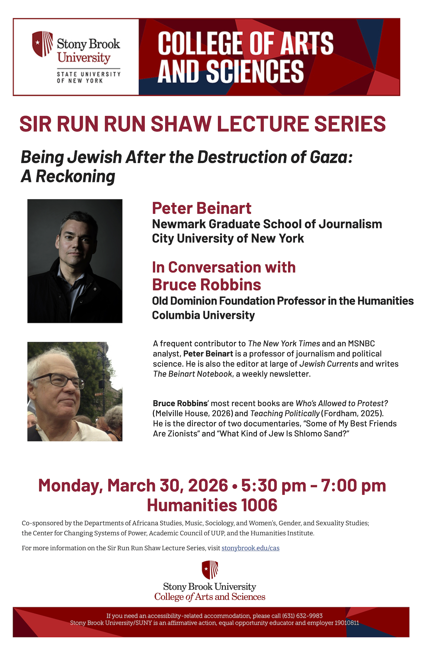 poster with photos of speakers Peter Beinart and Bruce Robbins