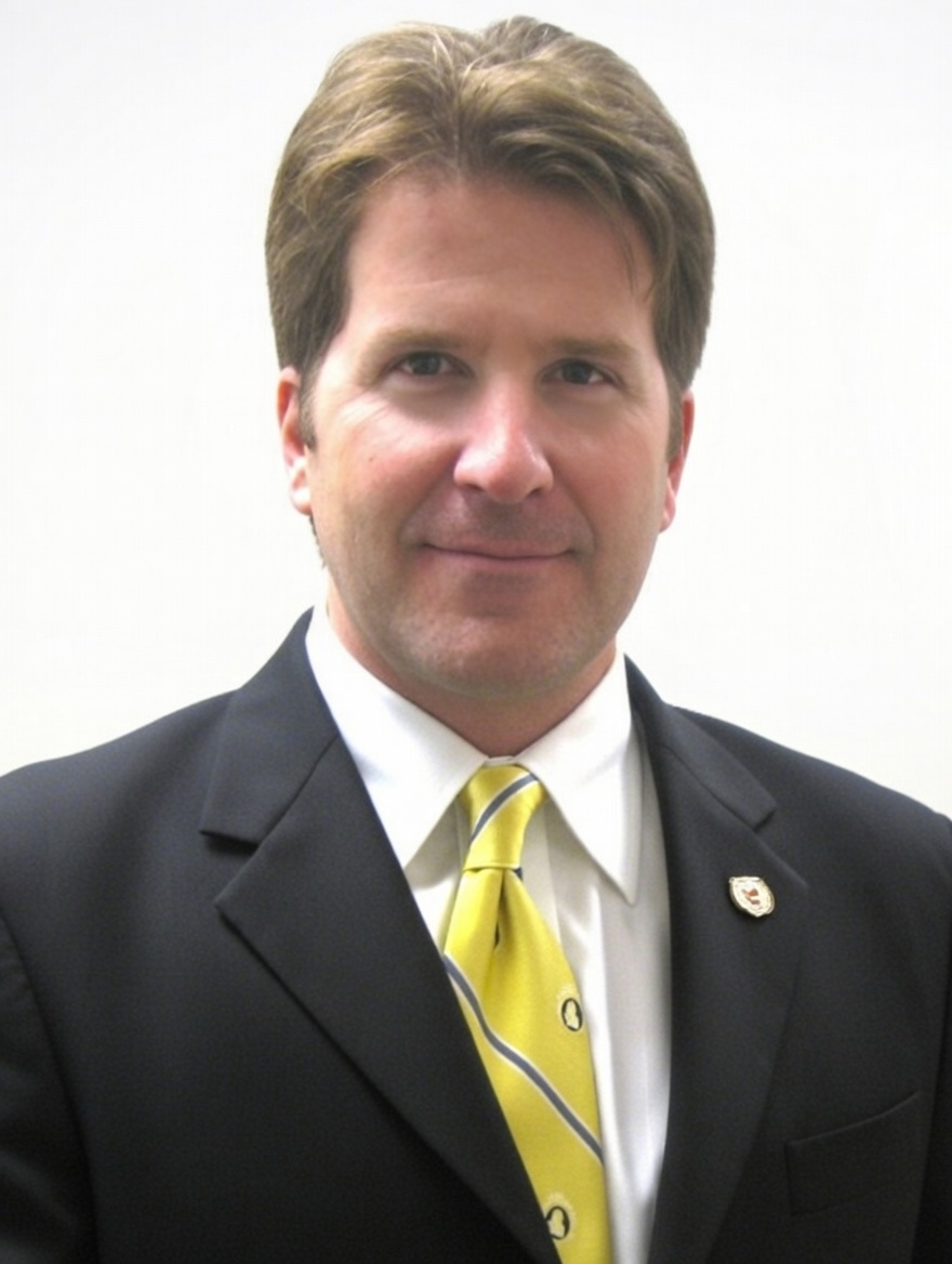 A head-and-shoulders professional portrait of a fair-skinned man with brown, feathered hair styled in a side part. He is looking forward with a calm, friendly expression and a slight smile. He is wearing a dark suit jacket with a small lapel pin, a crisp white dress shirt, and a vibrant yellow tie with thin dark diagonal stripes and a small repeating crest. The background is a solid, neutral off-white.