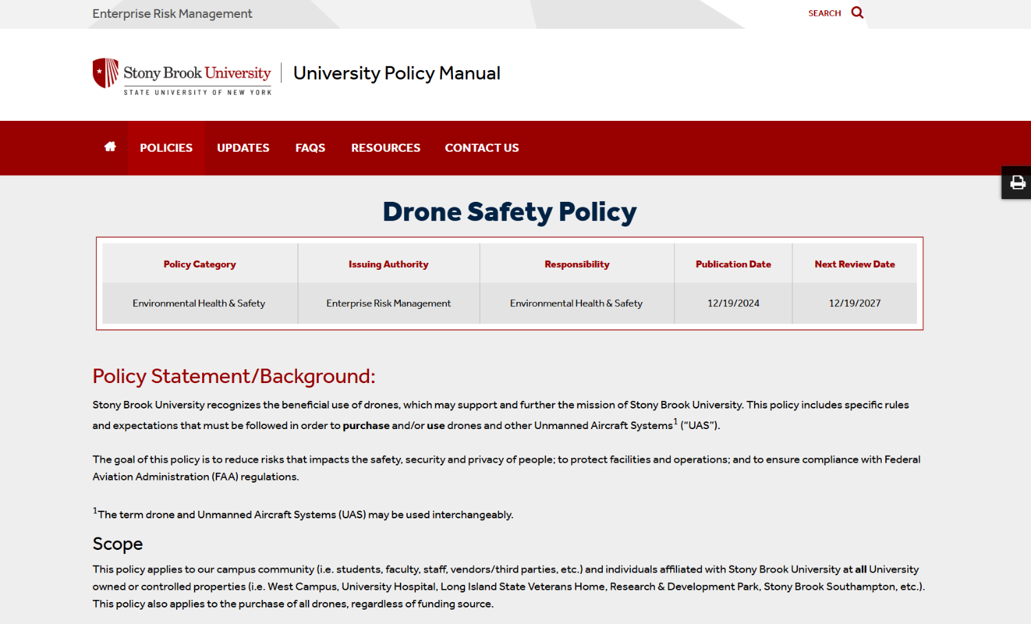 Image of the Drone Safety Policy web page.